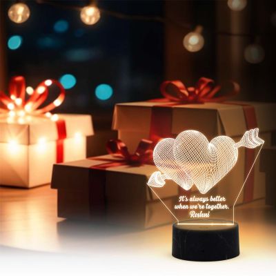 3D Double Heart Led Night Lamp with Warm White Color Customized with Any Name and Text Gift for Anniversary